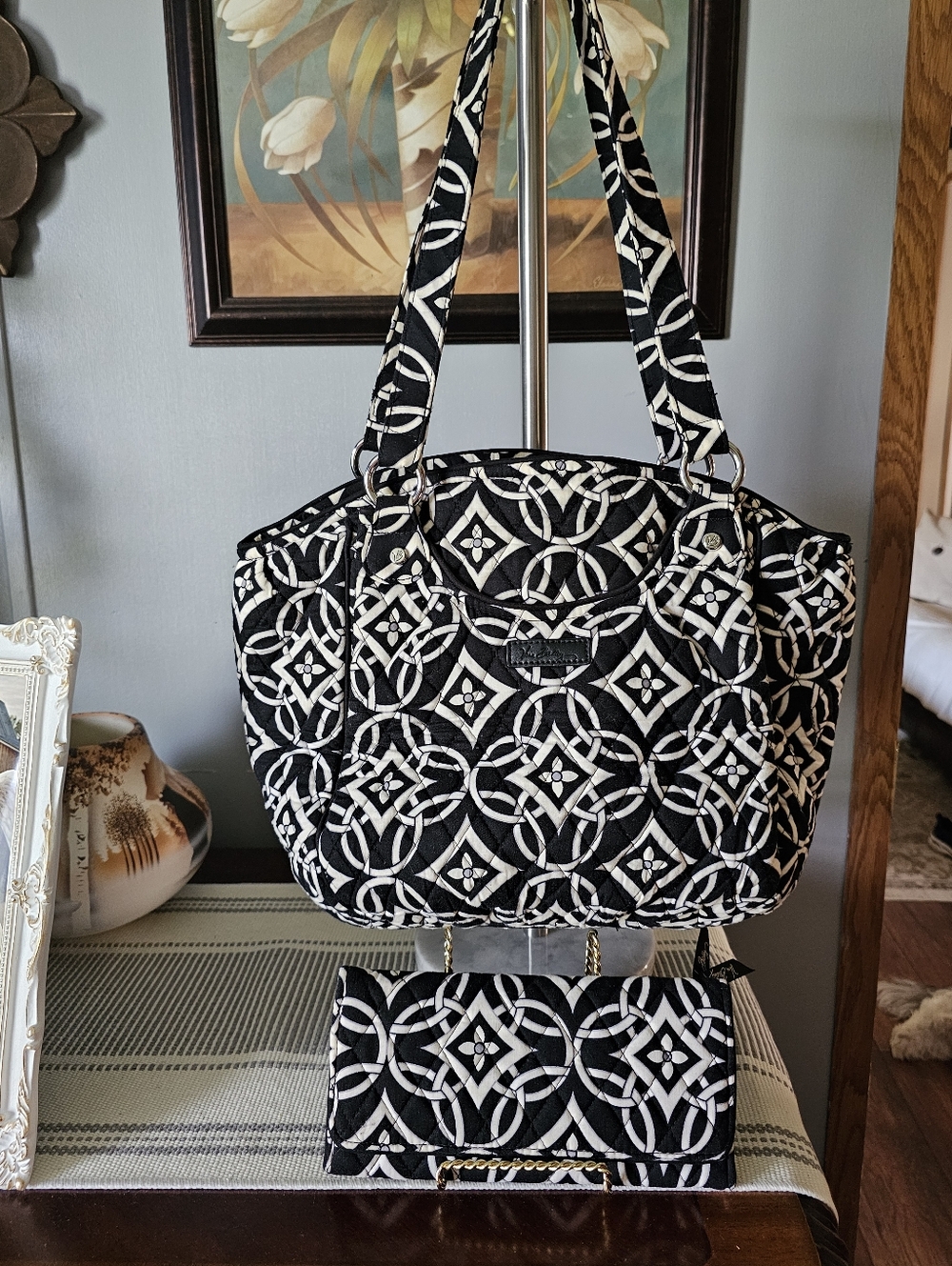 Vera Bradley Black and White Quilted Tote with Matching Wallet. Bundle Sale
